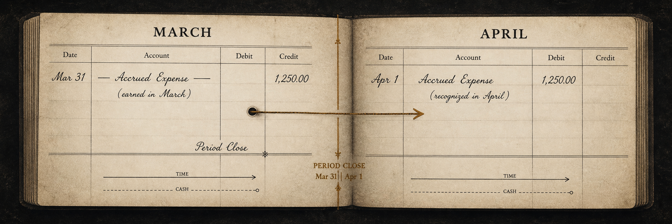 Two ledger pages facing each other across a period-close line; a transaction initiated on March 31 finalizes on April 1, straddling the boundary.