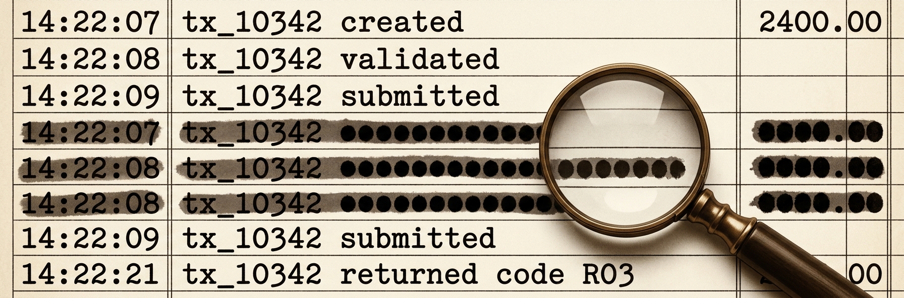 A chronological event log of ledger entries; most entries are crisp and readable, but three rows in the middle are redacted as black bullet marks, with a magnifying glass hovering over one of the opaque rows.