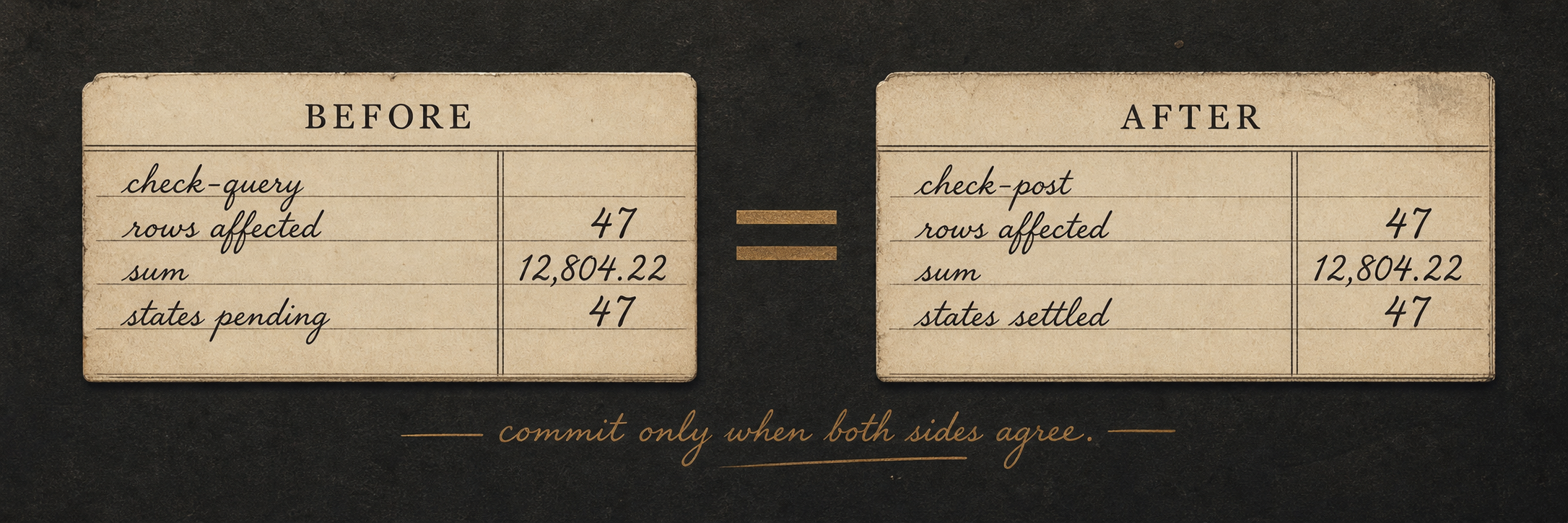 Two check-query result blocks labeled Before and After, separated by a large equals sign; both blocks show matching row counts, sums, and state distributions, with the caption 'commit only if both sides agree' beneath.