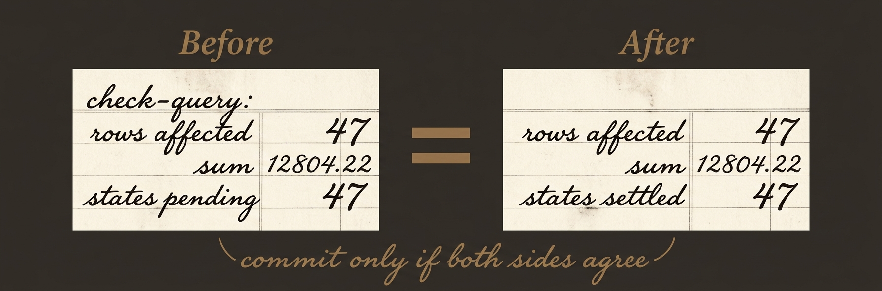 Two check-query result blocks labeled Before and After, separated by a large equals sign; both blocks show matching row counts, sums, and state distributions, with the caption 'commit only if both sides agree' beneath.