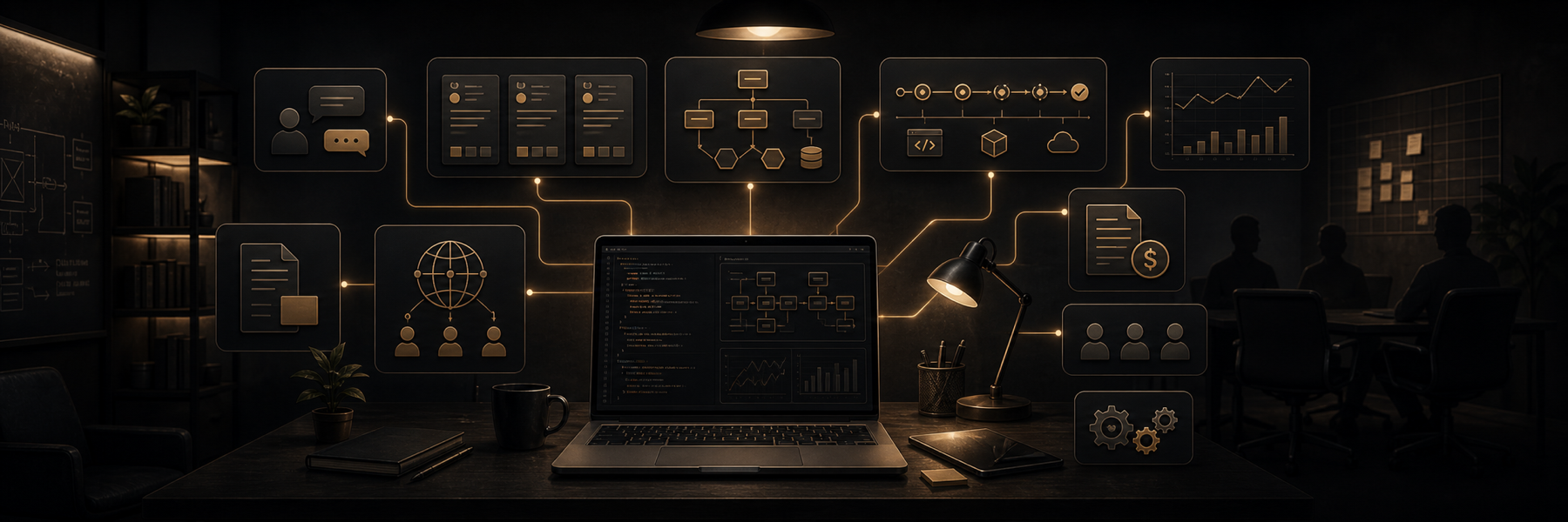 A dark agency workbench shows project cards, deployment paths, client conversations, and architecture diagrams orbiting a central workstation.