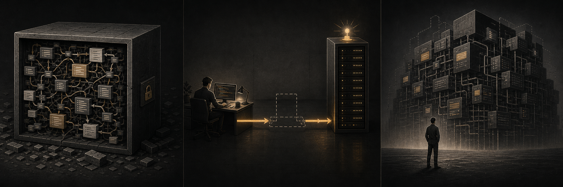 Three dark panels show a maturing legacy codebase, a direct path from development to production, and a large interconnected system.