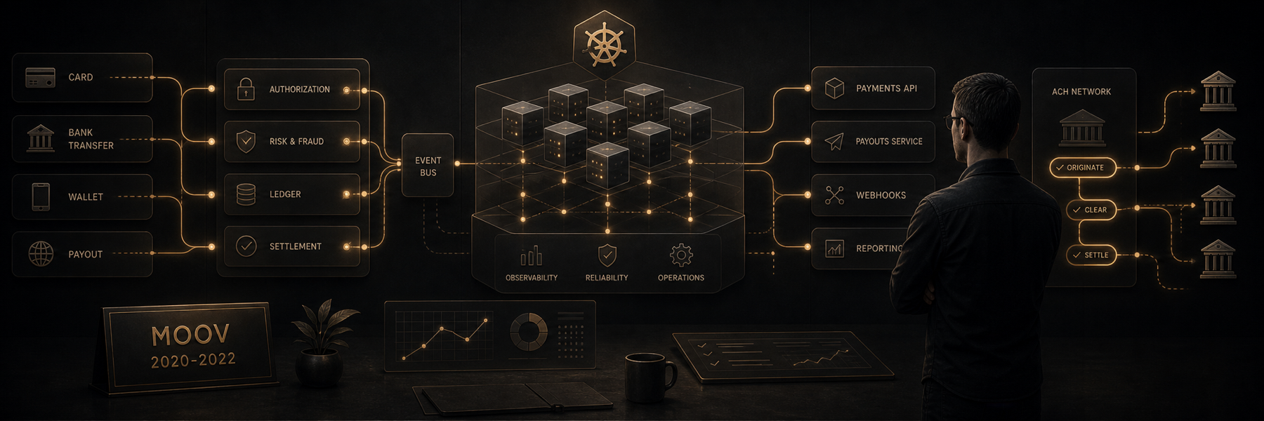 Payment rails and backend service clusters converge in a dark infrastructure room marked Moov 2020-2022.