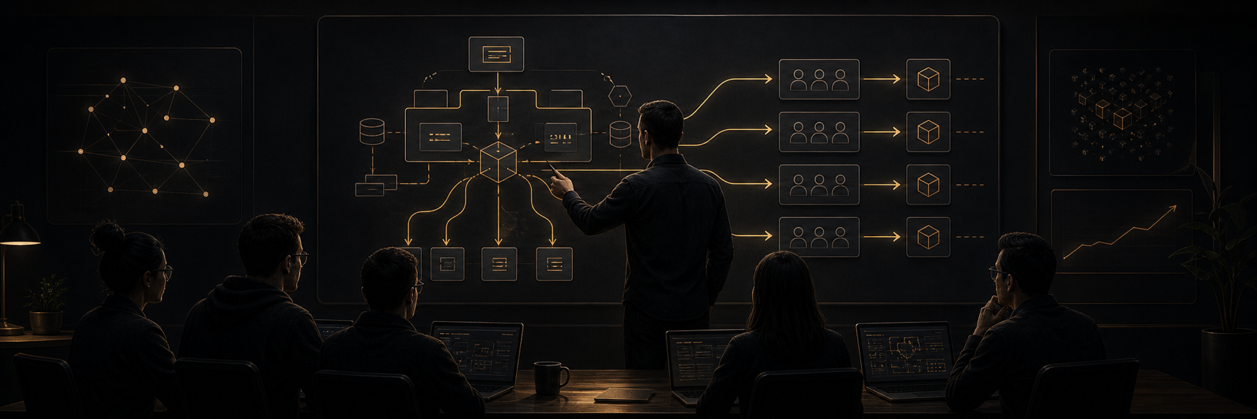 Bronze architecture lines flow from a system map through a technical lead and a small engineering team into shipped modules.