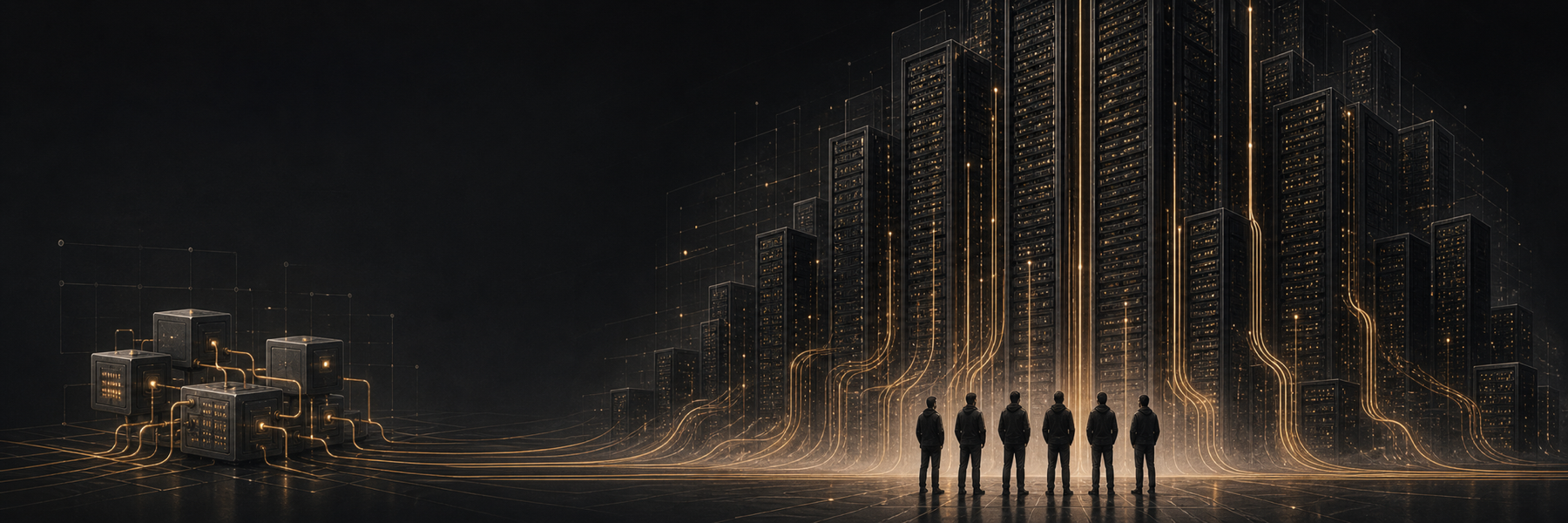 A small cluster of service blocks grows into a towering city of server racks and data lines, with six engineers standing at its base.